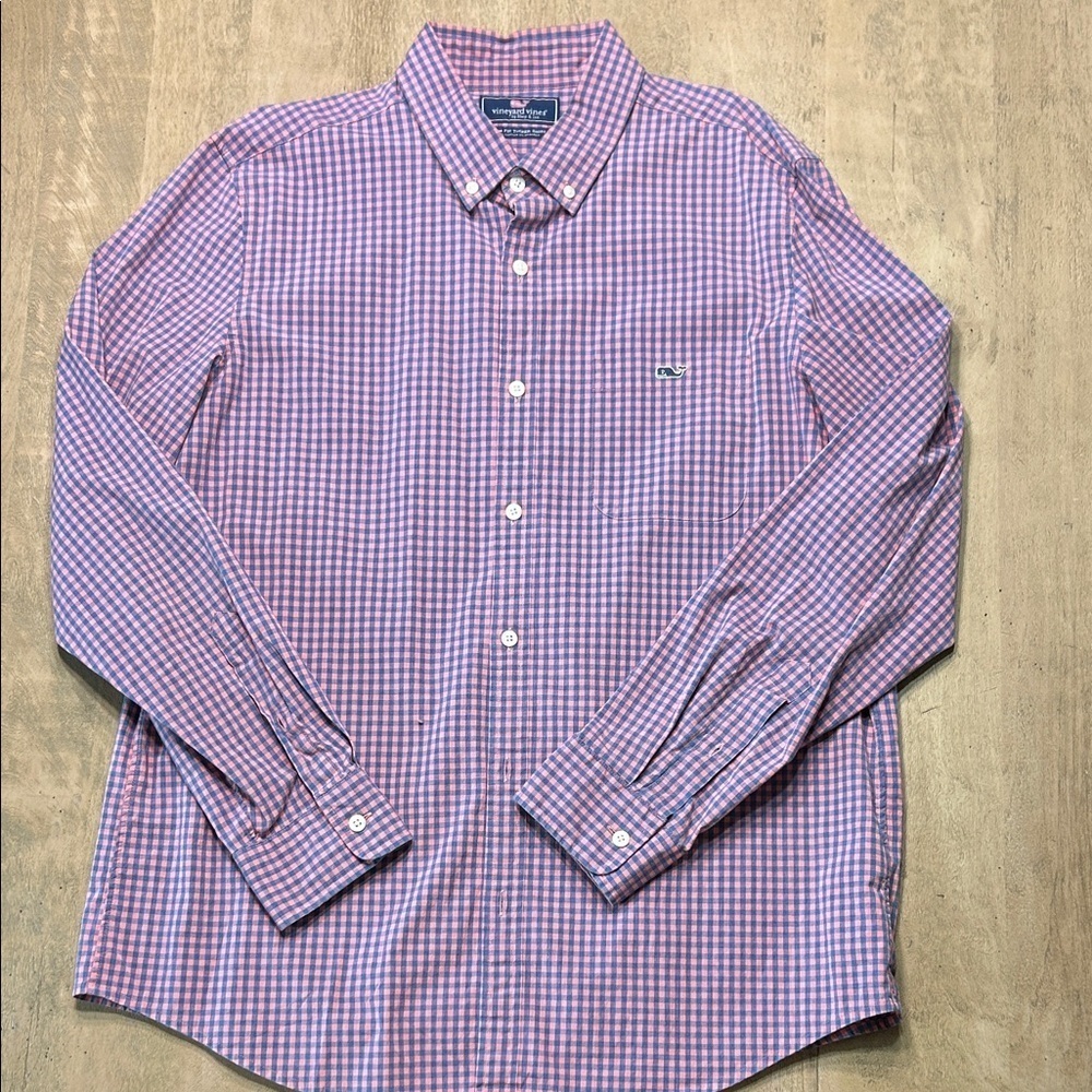 Vineyard Vines Men's Pink and Blue Plaid Shirt - Picture 1 of 5